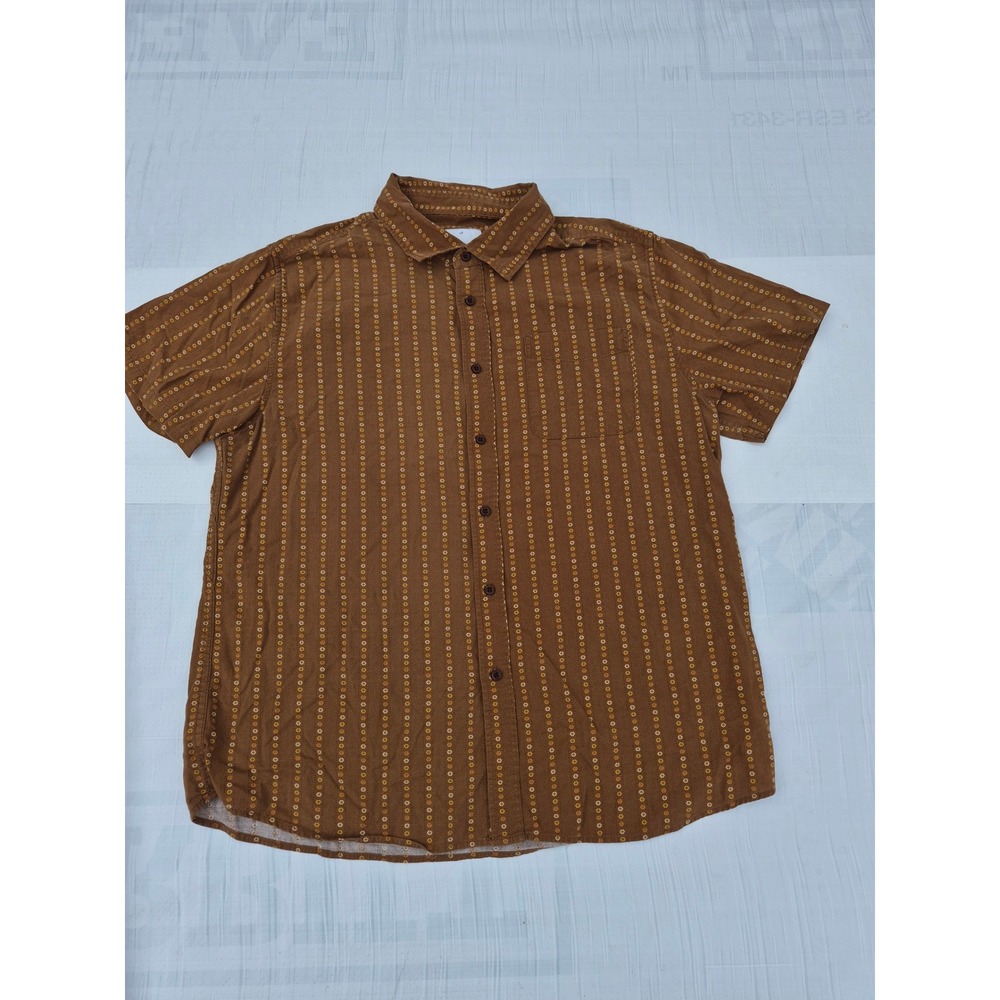 Katin Mens Brown Geometric Stripe Short Sleeve Button Down Shirt Large Cotton